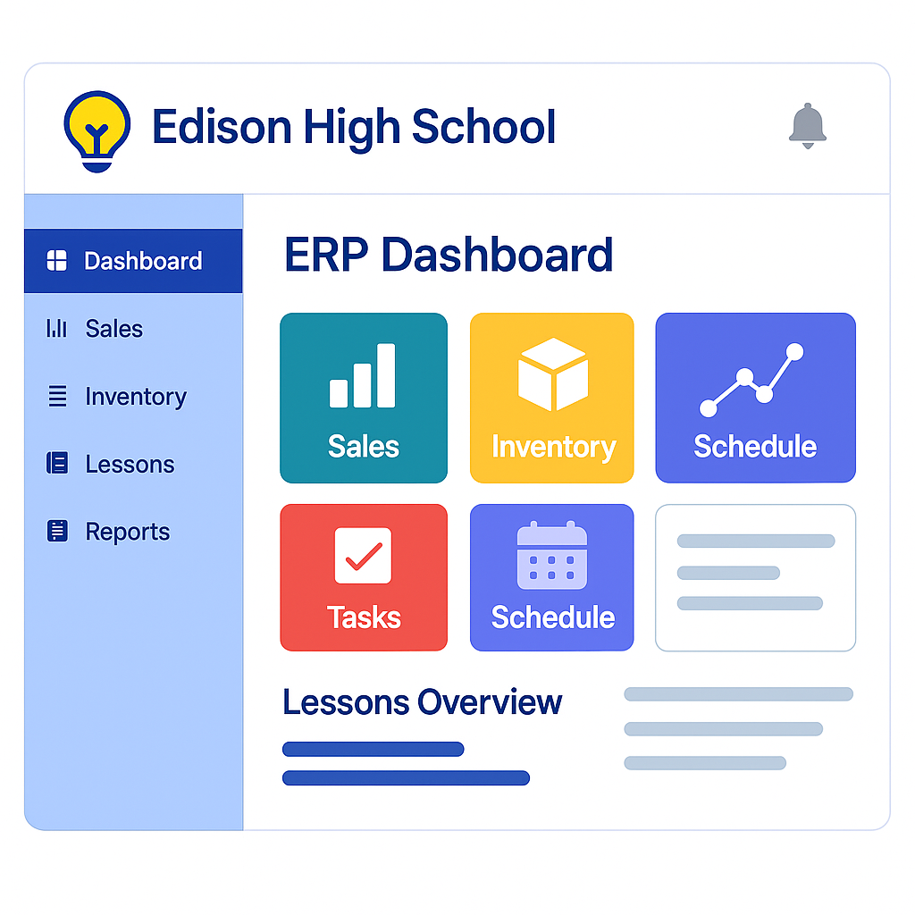 ERP Dashboard showing sales, inventory, tasks and schedule modules